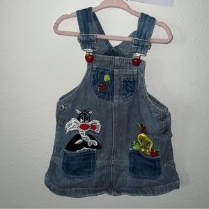 Tweety Bird Looney Tunes Denim Jumper Dress Size 2t Vintage 90's